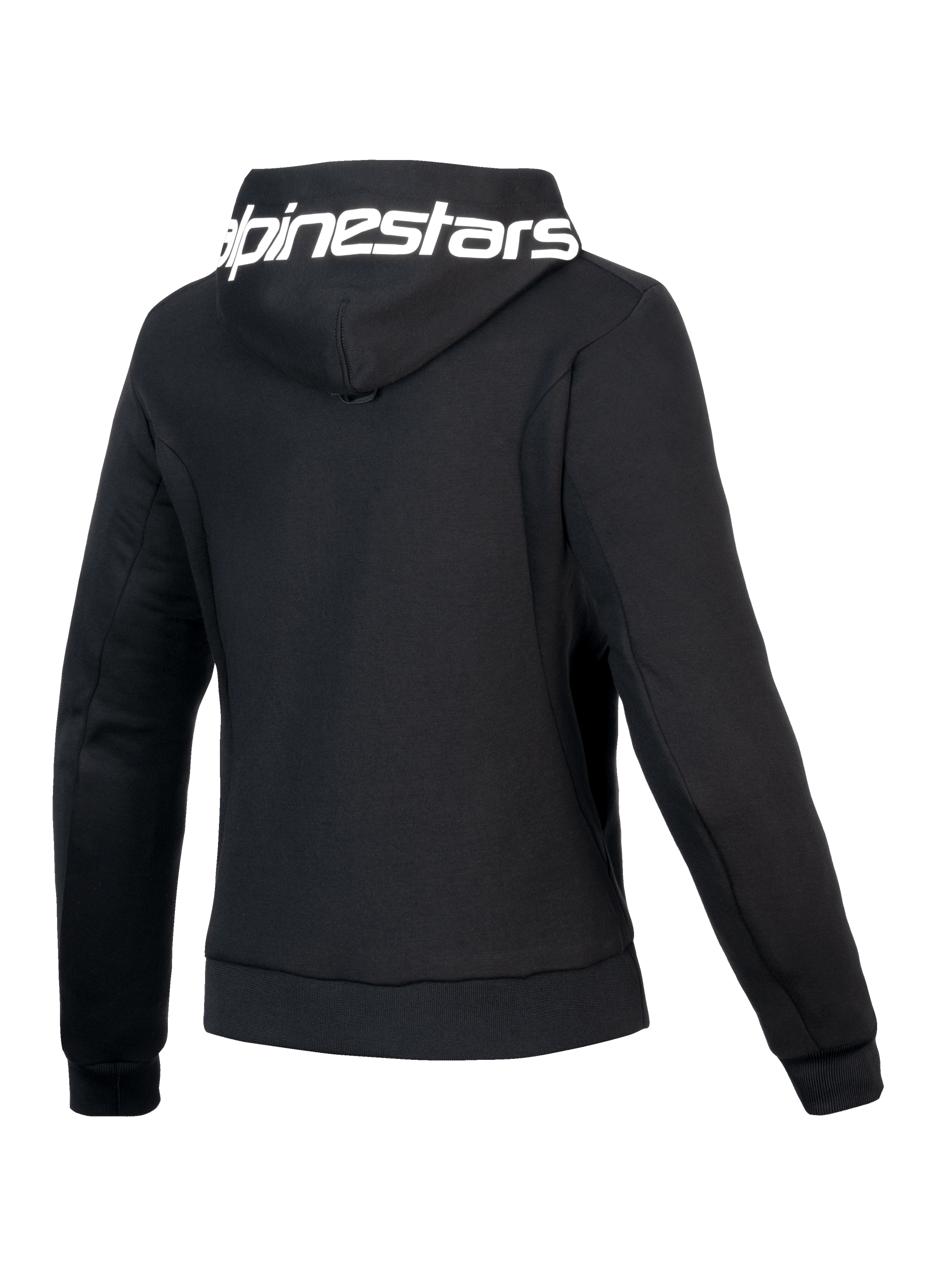 Alpinestars Stella Chrome V2 Sport Hoodie, Women's Motorcycle Hoodie, Black and White, CE Certified Class A, back view showing branded hood and athletic fit