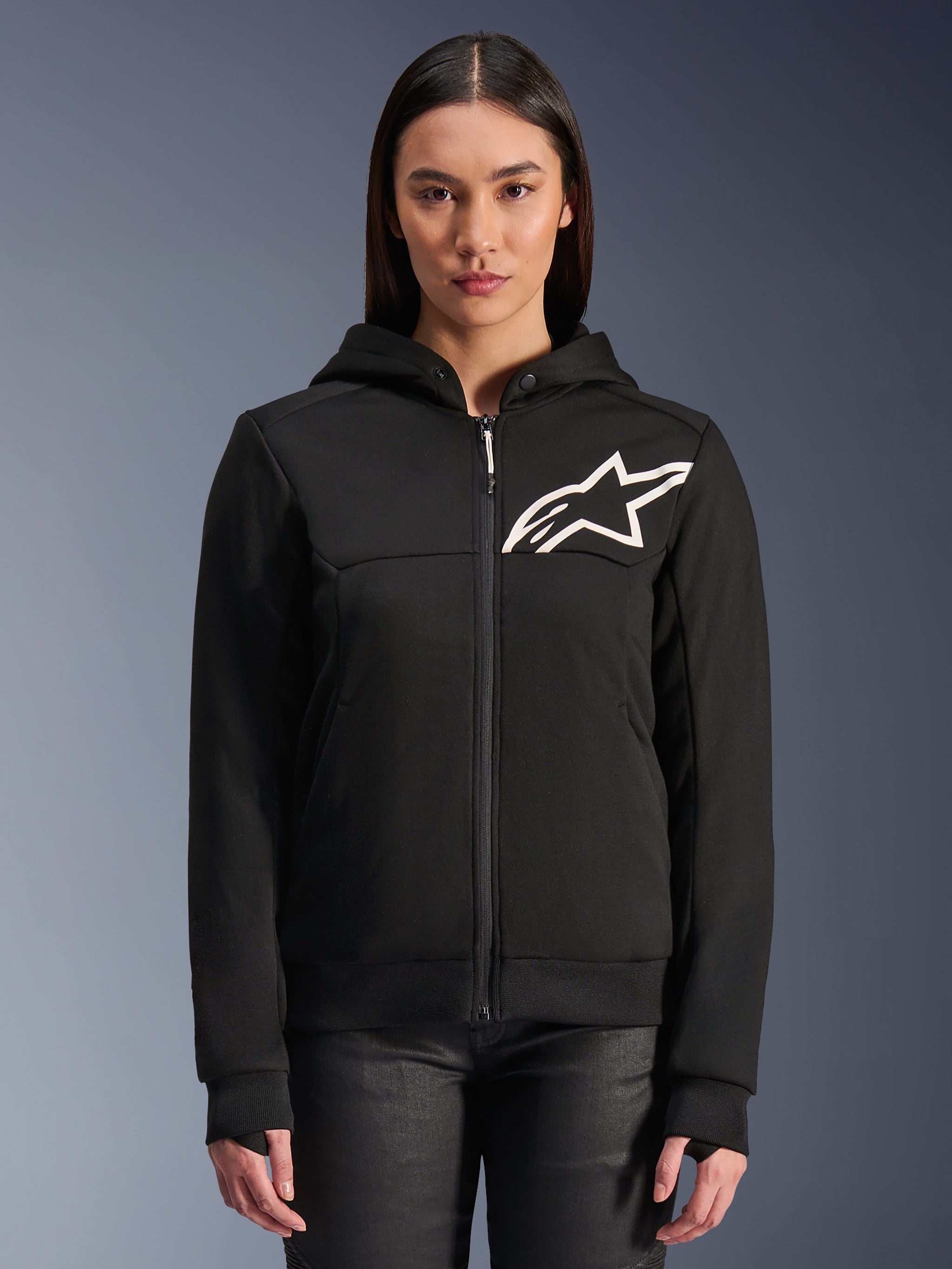 Alpinestars Woman Stella Chrome V2 Sport Hoodie, women's black zip-up motorcycle hoodie, white star logo on chest, tech fleece construction, hood with snap collar button, casual urban performance gear