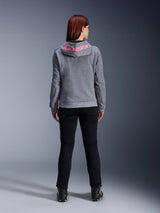 Alpinestars Stella Chrome V2 Sport Hoodie, Women's Motorcycle Hoodie, Gray Heather and Pink Fluo, back view showing pink Alpinestars logo on the hood, worn with black riding pants and boots, casual motorcycle apparel for women