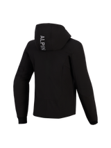 Alpinestars Woman Stella Radium Tech Hoodie, back view, black technical motorcycle hoodie, features vertical 'ALPIN' text on the hood, ribbed stretch cuffs, protective urban riding gear for women