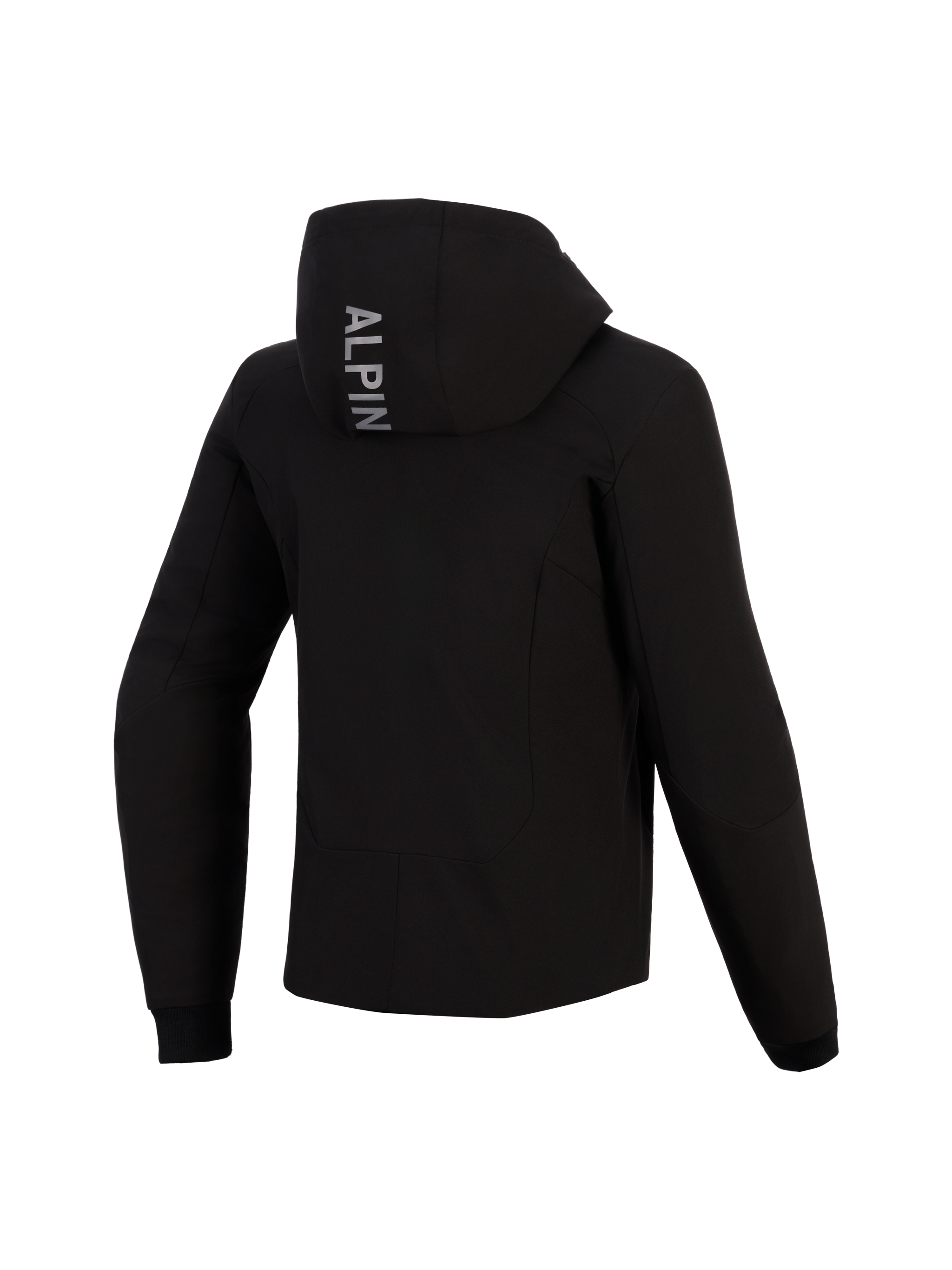 Alpinestars Woman Stella Radium Tech Hoodie, back view, black technical motorcycle hoodie, features vertical 'ALPIN' text on the hood, ribbed stretch cuffs, protective urban riding gear for women