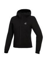 Alpinestars Stella Radium Tech Hoodie, Women's Motorcycle Hoodie, Black, 3-layer windproof tech shell, front view, drawstring hood and ribbed cuffs, urban protective riding apparel
