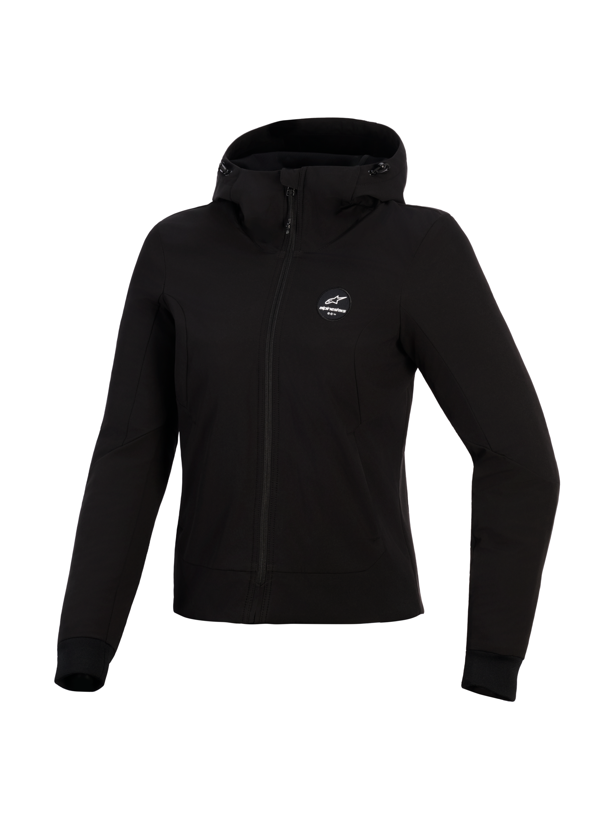 Alpinestars Stella Radium Tech Hoodie, Women's Motorcycle Hoodie, Black, 3-layer windproof tech shell, front view, drawstring hood and ribbed cuffs, urban protective riding apparel