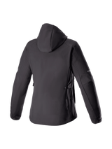 Alpinestars Stella Neo Waterproof Hoodie, black women's urban motorcycle jacket in stretch softshell, back view with hood.