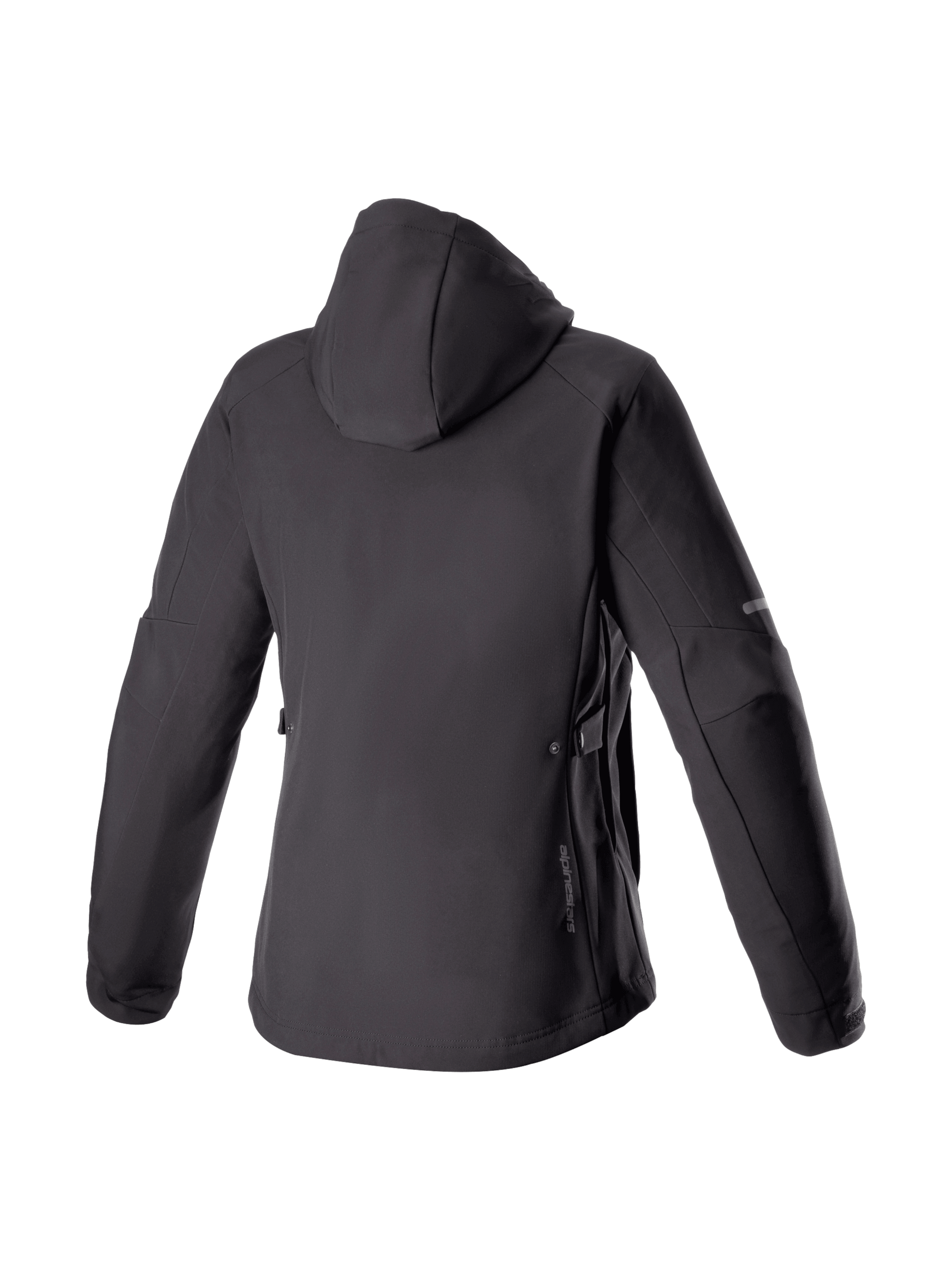 Alpinestars Stella Neo Waterproof Hoodie, black women's urban motorcycle jacket in stretch softshell, back view with hood.