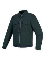 Alpinestars Bryon Water Resistant Overshirt, Motorcycle Jacket, Dark Emerald green, workwear-inspired design with waxed canvas, two chest cargo pockets, metal D-ring, and full-length front zipper.