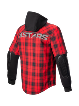 Alpinestars MO.ST.EQ Tartan Shirt, urban motorcycle jacket for men, Red and Black, with exposed elbow armor and a fixed hoodie.