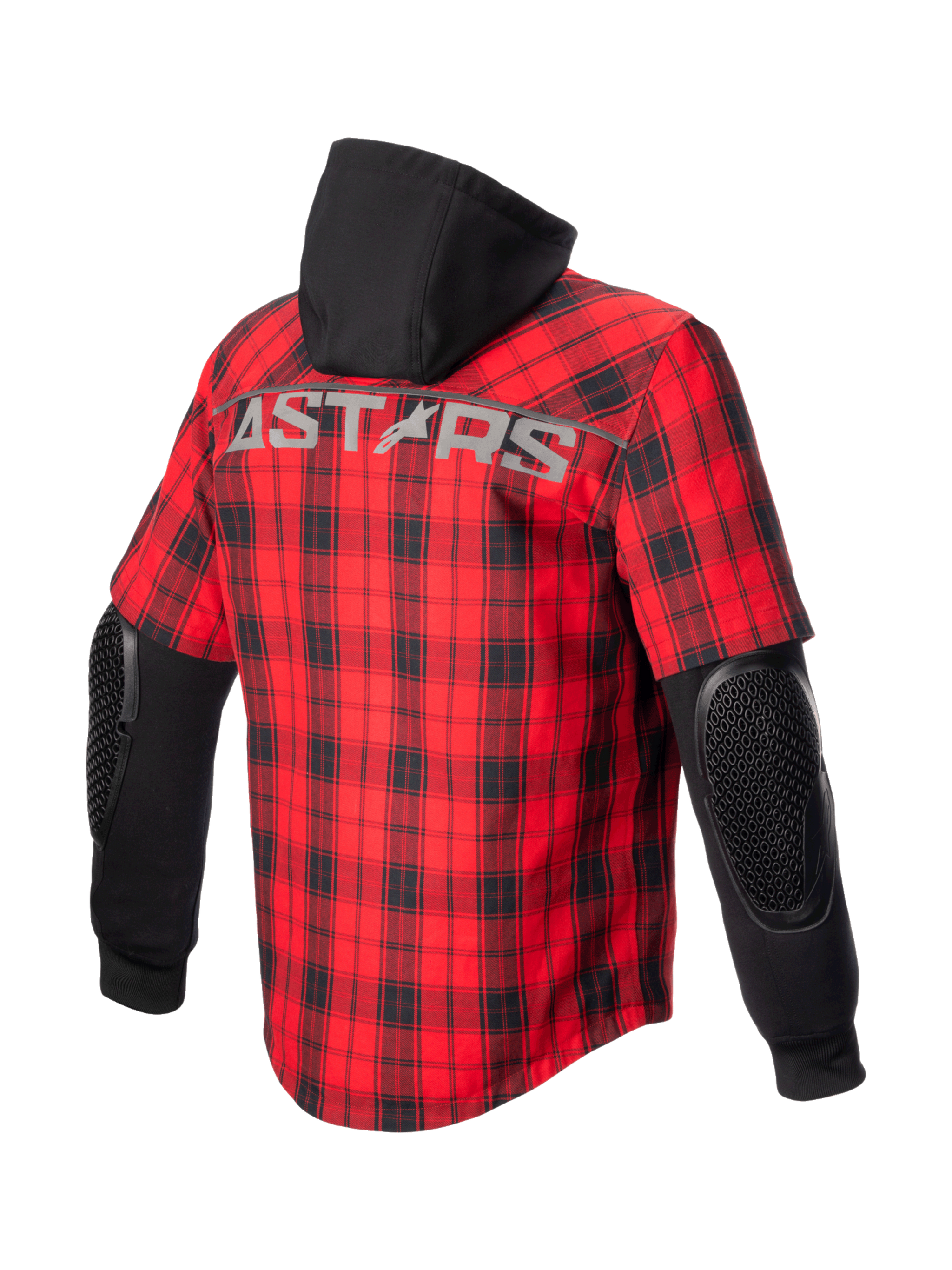 Alpinestars MO.ST.EQ Tartan Shirt, urban motorcycle jacket for men, Red and Black, with exposed elbow armor and a fixed hoodie.