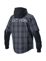 Alpinestars MO.ST.EQ Tartan Shirt in Gray and Black, urban motorcycle riding shirt with exposed armor and a fixed hoodie.