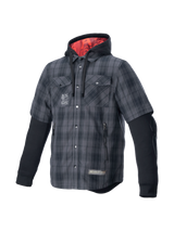 Alpinestars MO.ST.EQ Tartan Shirt, gray and black armored riding garment with a red-lined hood for urban motorcycle style.