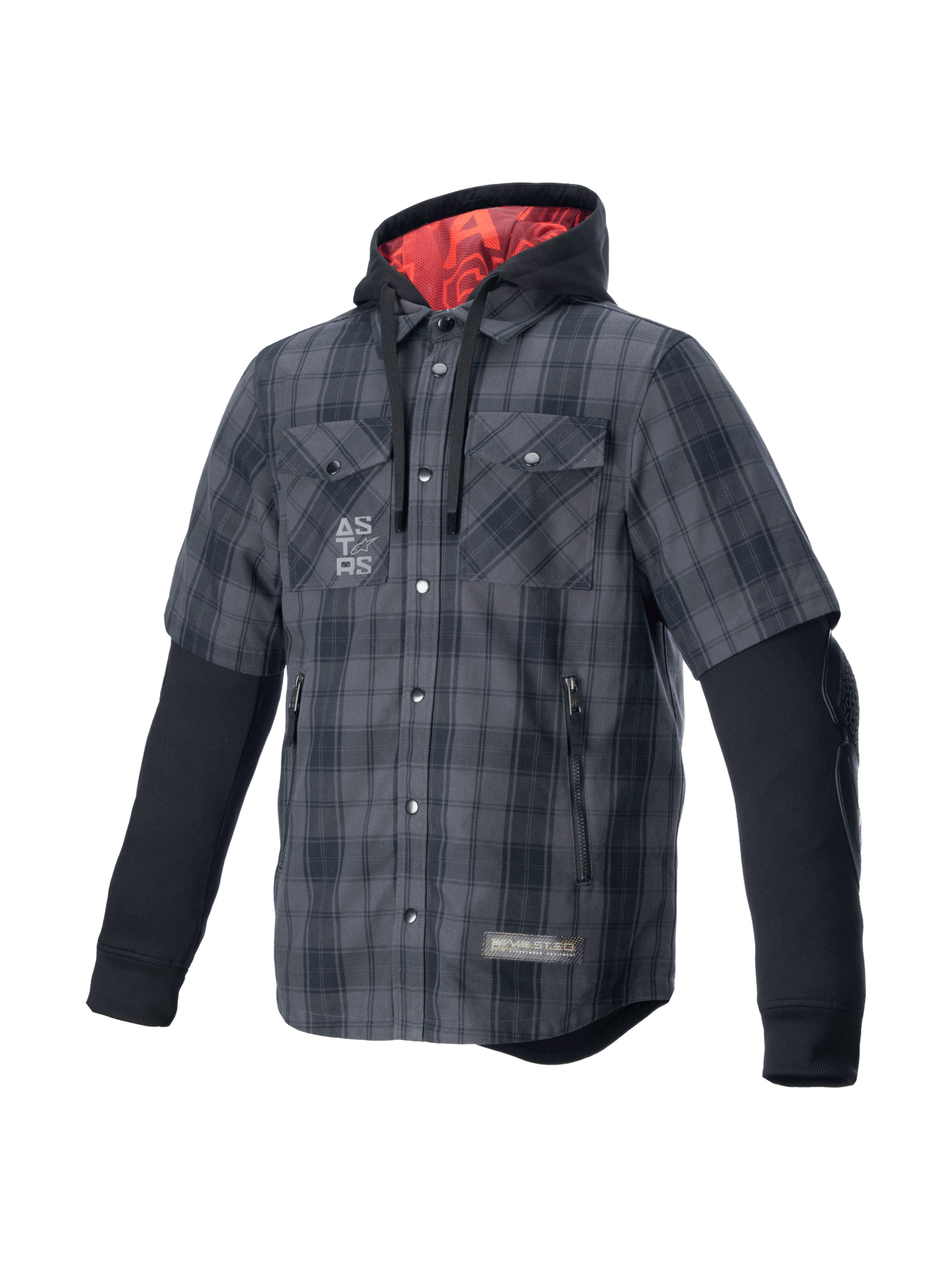 Alpinestars MO.ST.EQ Tartan Shirt, gray and black armored riding garment with a red-lined hood for urban motorcycle style.