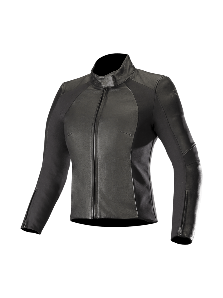 Alpinestars Stella Vika V2 Women's Motorcycle Leather Jacket in black with aramid stretch panels and CE-certified armor.