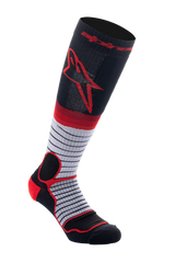 Alpinestars MX Pro Socks V2, Motocross Knee-High Socks, Black Gray and Red, featuring a red Astar logo on the upper calf, gray mid-section with thin horizontal black stripes, and reinforced red padding on the heel and ankle, moisture-wicking performance socks for off-road riding.
