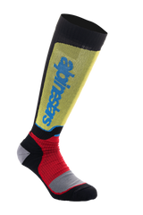 Alpinestars MX Plus Socks, Motocross Riding Socks, Black, Yellow, and Red with Blue branding, knee-length design with ribbed texture and reinforced gray padding, technical off-road performance socks