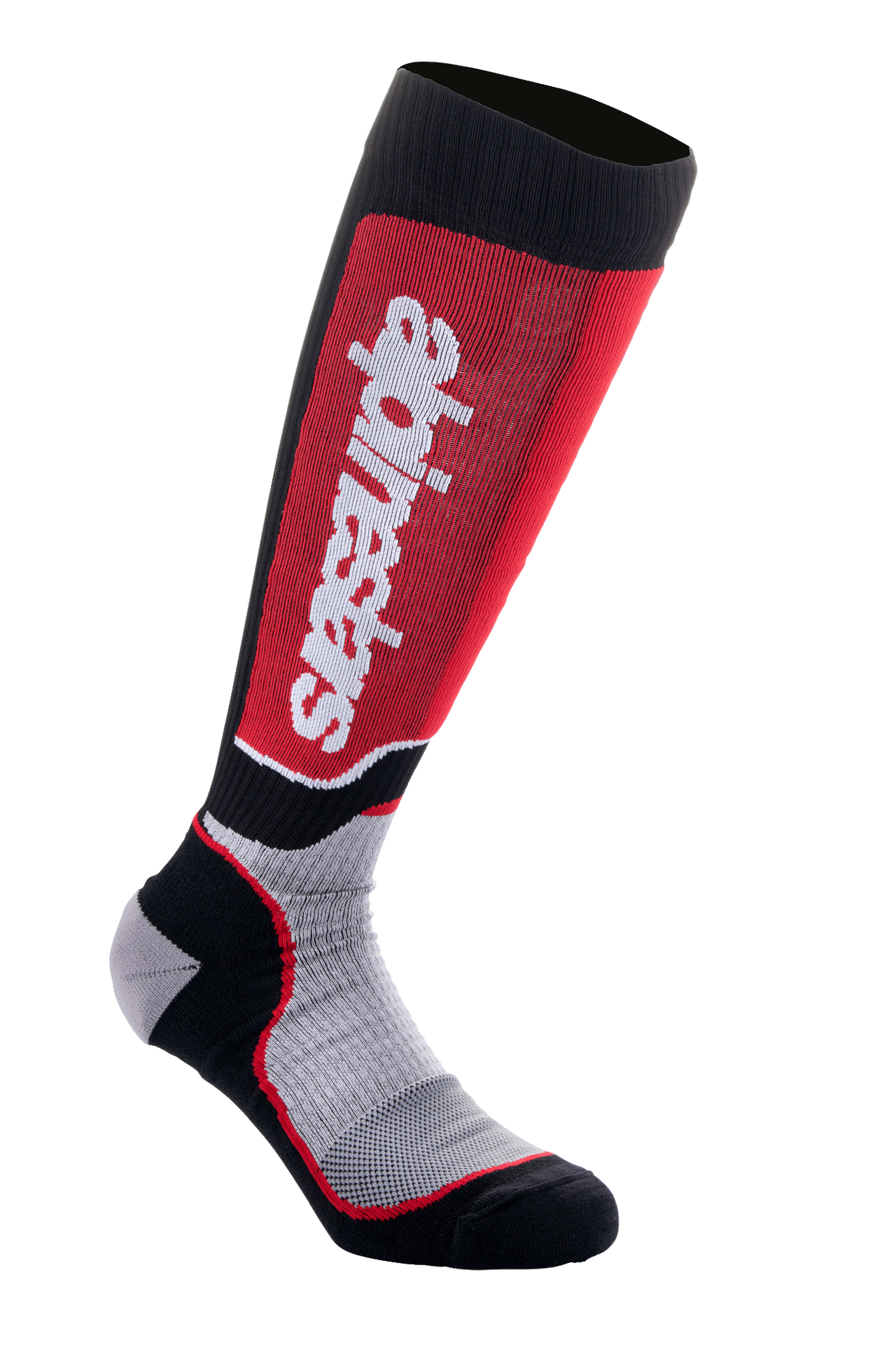 Alpinestars MX Plus Socks, Motocross Riding Socks, Black Gray and Red, featuring vertical white Alpinestars branding on a red calf panel, ribbed performance fabric, and reinforced heel and toe.