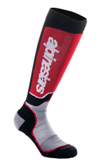 Alpinestars MX Plus Socks, Motocross Riding Socks, Black Gray and Red, featuring vertical white Alpinestars branding on a red calf panel, ribbed performance fabric, and reinforced heel and toe.