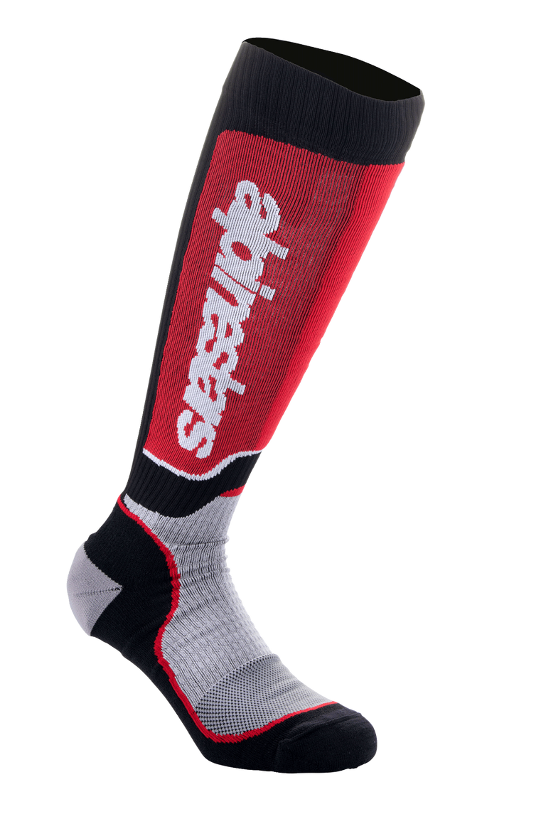 Alpinestars MX Plus Socks, Motocross Riding Socks, Black Gray and Red, featuring vertical white Alpinestars branding on a red calf panel, ribbed performance fabric, and reinforced heel and toe.