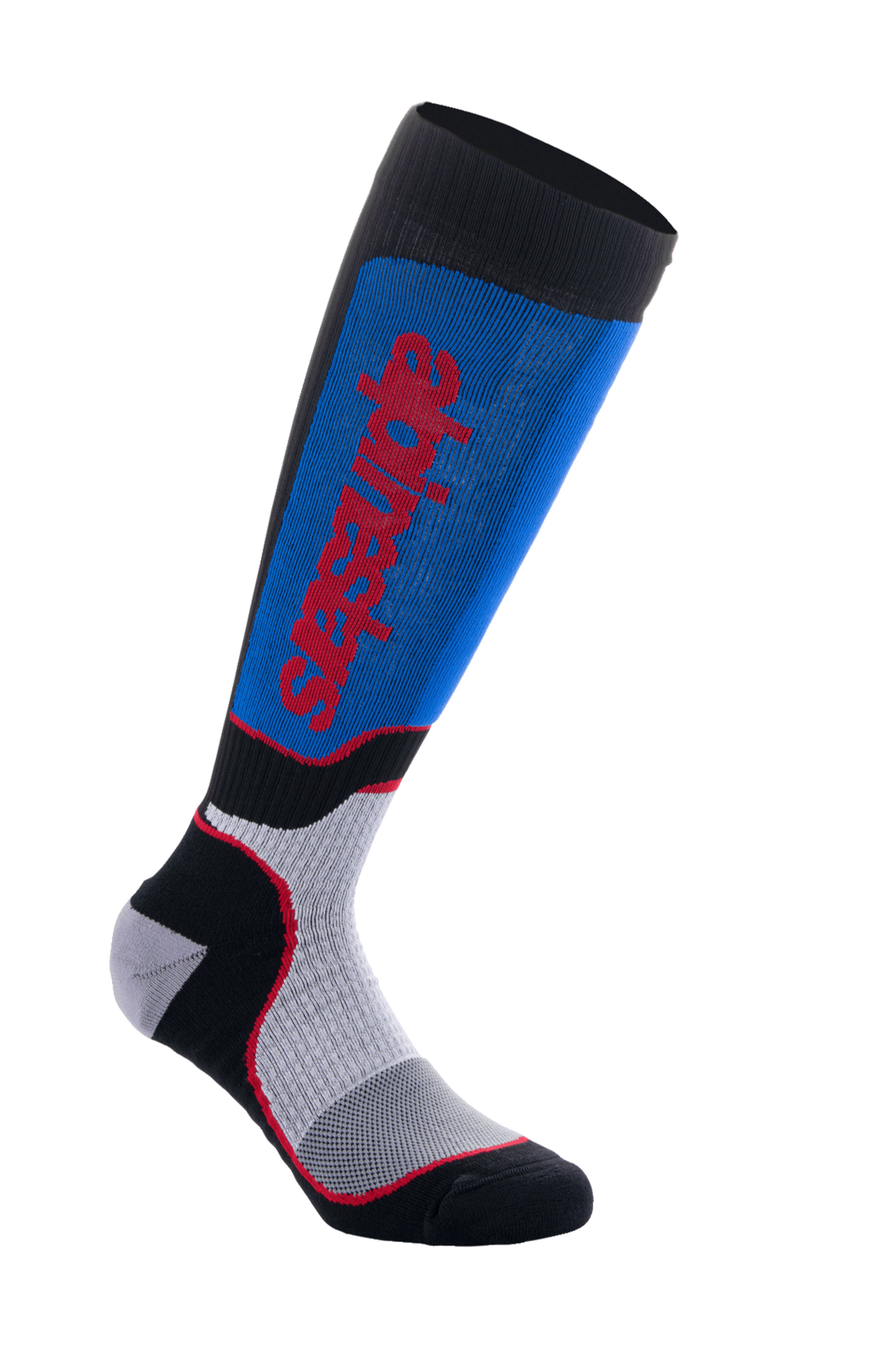 Alpinestars MX Plus Socks, Motocross Riding Socks, Black, Royal Blue, and Grey, featuring red Alpinestars branding, ribbed texture for stretch, mesh ventilation zones, and reinforced padding for off-road comfort