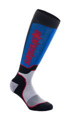 Alpinestars MX Plus Socks, Motocross Riding Socks, Black, Royal Blue, and Grey, featuring red Alpinestars branding, ribbed texture for stretch, mesh ventilation zones, and reinforced padding for off-road comfort