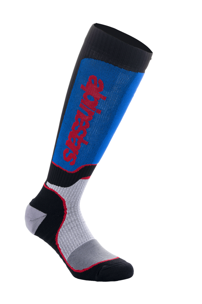 Alpinestars MX Plus Socks, Motocross Riding Socks, Black, Royal Blue, and Grey, featuring red Alpinestars branding, ribbed texture for stretch, mesh ventilation zones, and reinforced padding for off-road comfort