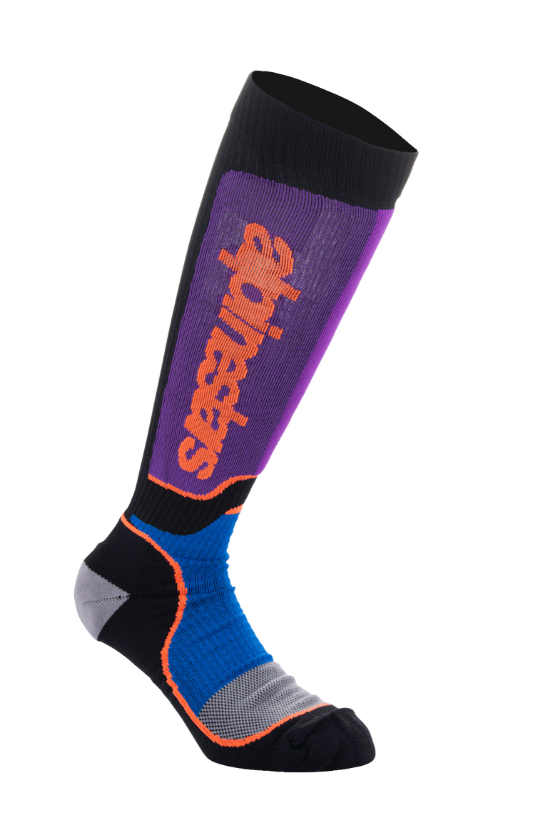 Alpinestars MX Plus Socks, Motocross Knee-High Socks, Black Royal Blue and Purple, featuring a purple ribbed leg with a vertical orange Alpinestars logo, royal blue mesh ankle panels with orange accents, and a gray-black reinforced foot, performance off-road riding gear