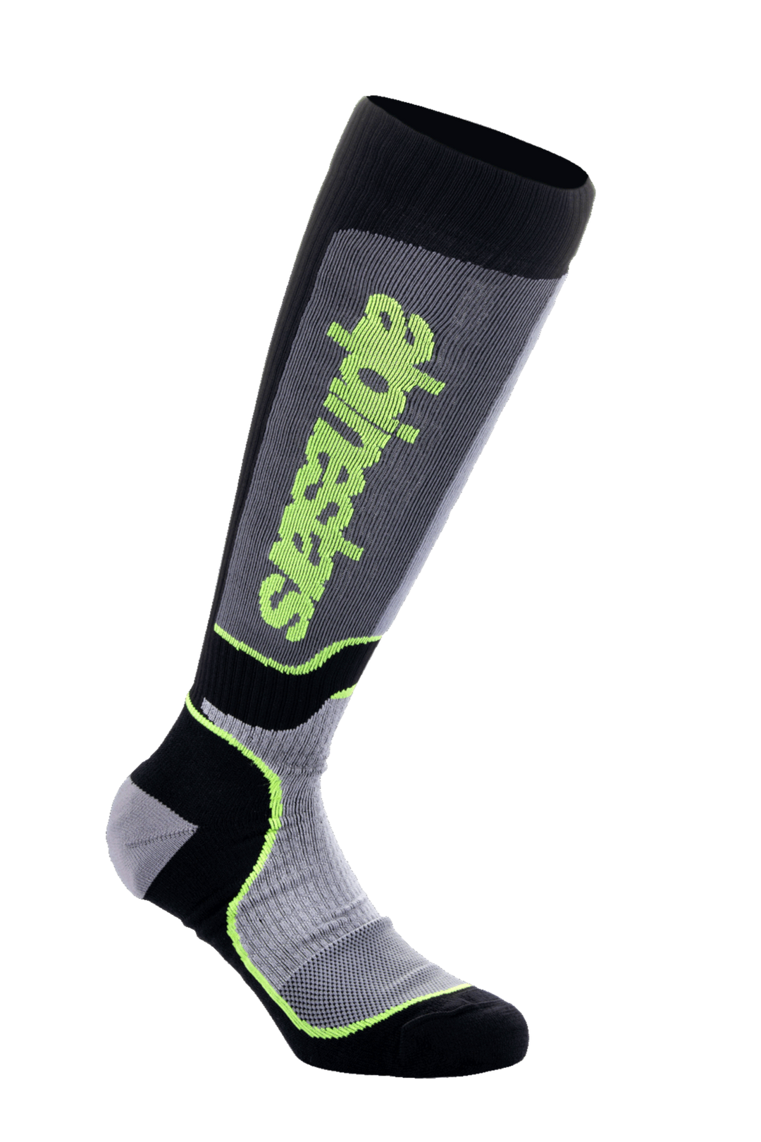 Alpinestars MX Plus Socks, Motocross Knee-High Socks, Black Gray and Yellow Fluo, featuring vertical Alpinestars branding, ribbed and mesh textures, technical performance riding gear