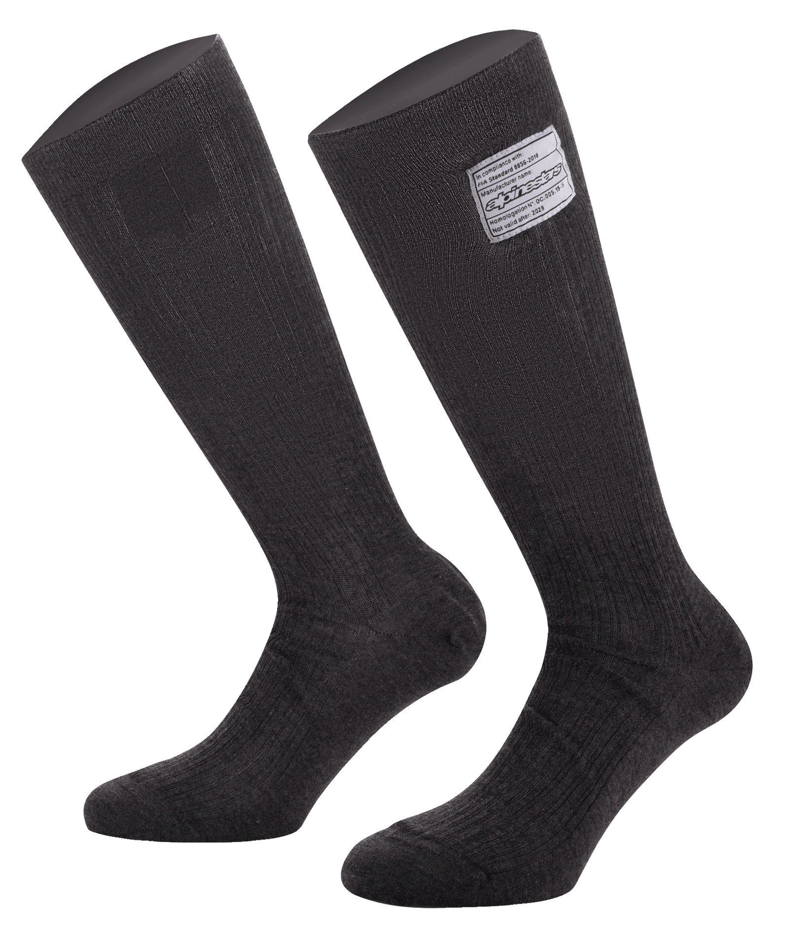 Alpinestars Race V4 Socks, Auto Racing Socks, Black, featuring FIA 8856-2018 certification tag, fire-resistant Nomex construction with ribbed texture, knee-high length, technical base layer for motorsport
