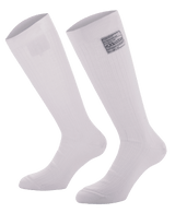 Alpinestars Race V4 Socks, White knee-high auto racing socks, ribbed Nomex construction with FIA certification tag, fire-resistant design for professional motorsport