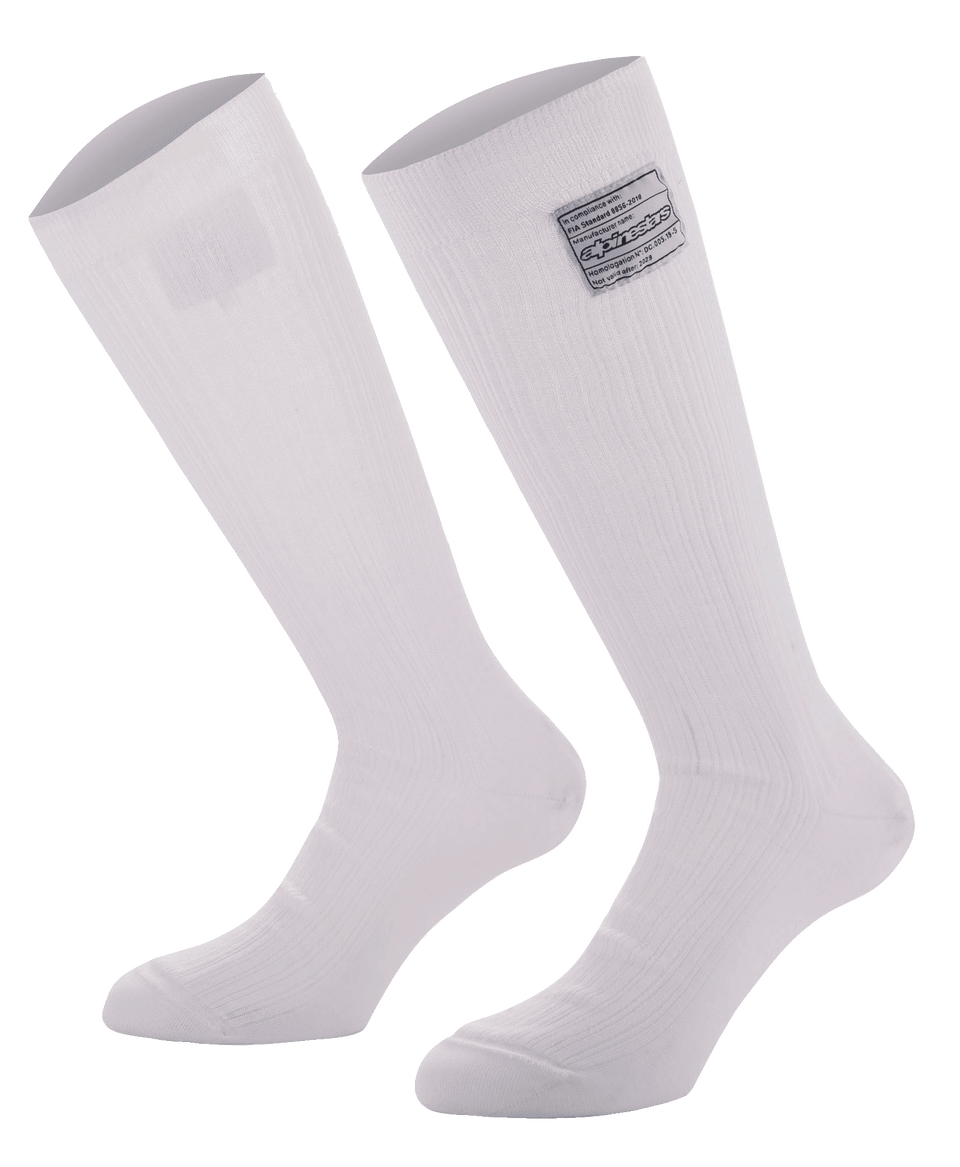 Alpinestars Race V4 Socks, White knee-high auto racing socks, ribbed Nomex construction with FIA certification tag, fire-resistant design for professional motorsport