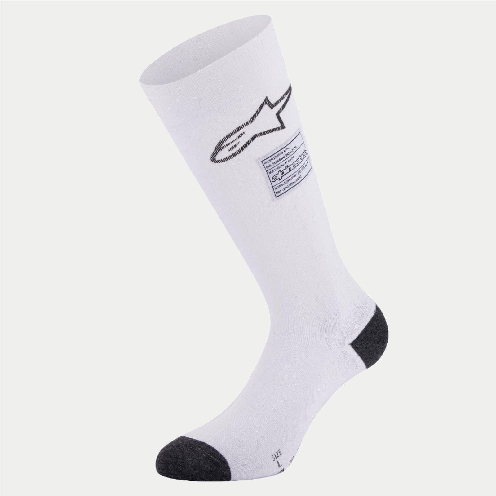 Alpinestars ZX V4 Socks, Auto Racing Socks, White with black heel and toe accents, featuring black Alpinestars logo and FIA compliance label, seamless technical base layer for motorsports