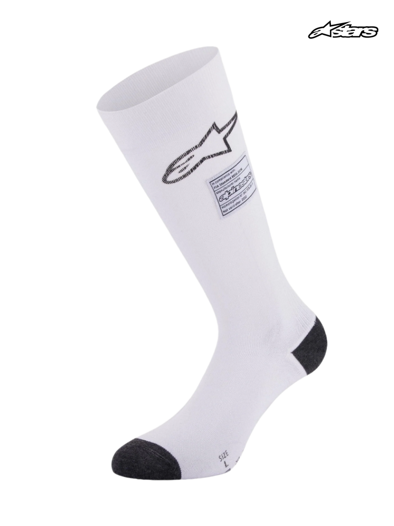 Alpinestars ZX V4 Socks, auto racing fire retardant socks, white with black details, FIA certified, seamless aramidic construction with graduation compression