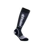 Alpinestars Youth MX Plus Socks, Motocross Knee-High Socks, Black and Gray, featuring white Alpinestars branding, ribbed texture with reinforced heel and toe, breathable single-layer construction for off-road performance