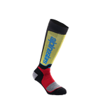 Alpinestars Youth MX Plus Socks, Motocross Riding Socks, Black with Yellow Red and Light Blue accents, knee-high length, featuring ribbed construction and vertical Alpinestars branding on the shin