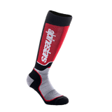 Alpinestars Youth MX Plus Socks, Motocross Riding Socks, Black Gray and Red, featuring vertical white logo on red shin panel, technical single-layer construction with breathable mesh zones, designed for off-road motorcycle boots