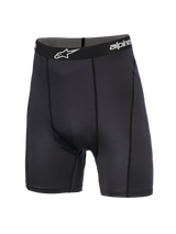 Alpinestars MX Boxer, Motocross Base Layer Shorts, Black, mid-thigh length featuring a branded elastic waistband with white star logo, athletic fit with vertical seams