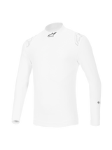 Alpinestars ZX Evo V3 Long Sleeve Top, White auto racing base layer, flame-resistant design with a black star logo on the collar and faint white logos on the shoulders, professional motorsport gear.