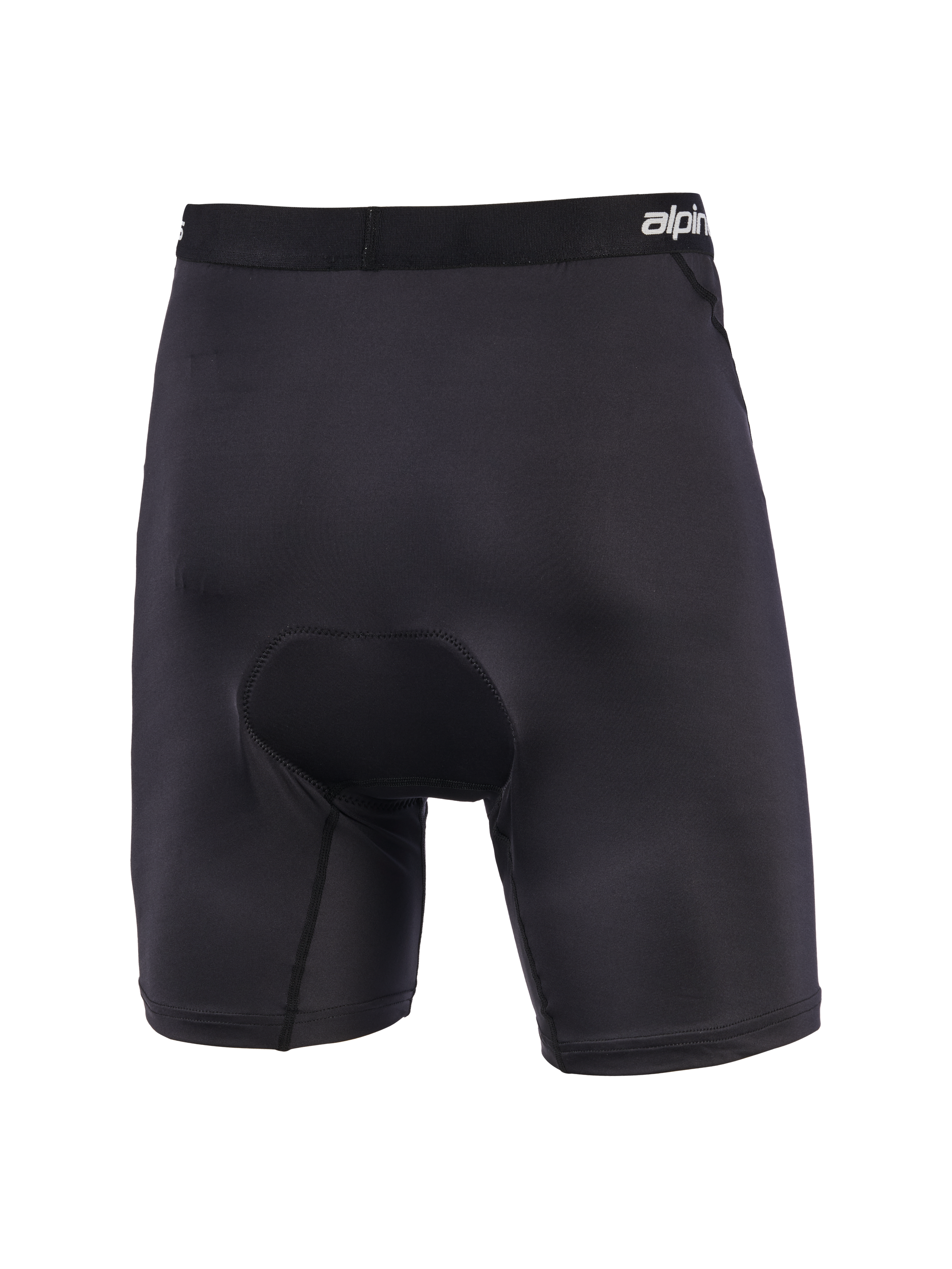 Alpinestars MX Boxer Padded, Black Motocross Padded Base Layer Shorts, rear view showing multi-density chamois seat padding, branded elastic waistband, ergonomic stretch construction for off-road riding comfort.