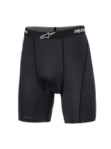 Alpinestars MX Boxer Padded, Motocross Base Layer, Black, compression shorts featuring a branded elastic waistband with white logo, vertical flat-profile stitching, and smooth-knit stretch fabric designed for off-road riding comfort