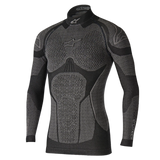Alpinestars Ride Tech Top Long Sleeve Winter, Technical Base Layer, Black and Gray, featuring honeycomb textured panels, mock neck design, and compression fit for cold weather motorcycle riding