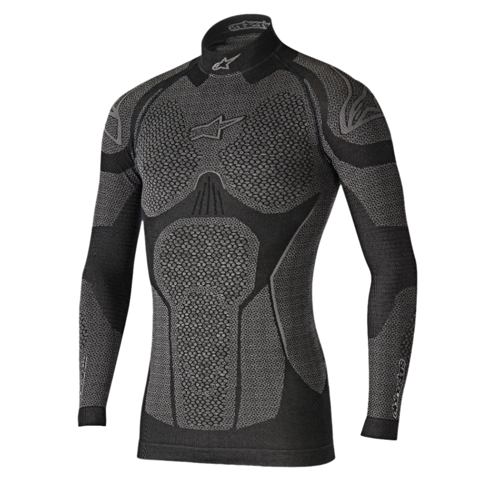 Alpinestars Ride Tech Top Long Sleeve Winter, Technical Base Layer, Black and Gray, featuring honeycomb textured panels, mock neck design, and compression fit for cold weather motorcycle riding