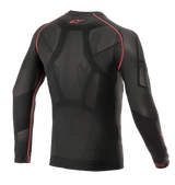 Alpinestars Ride Tech V2 Top Long Sleeve Summer, Motorcycle Base Layer, Black and Red, back view featuring body-mapped construction with open mesh inserts, red flatlock seams, and red Alpinestars logo on the back collar, technical underlayer for warm weather.