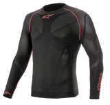 Alpinestars Ride Tech V2 Top Long Sleeve Summer, Motorcycle Base Layer, Black and Red, featuring breathable body-mapped mesh panels, red flatlock stitching on shoulders, and Alpinestars logos on the chest and sleeve