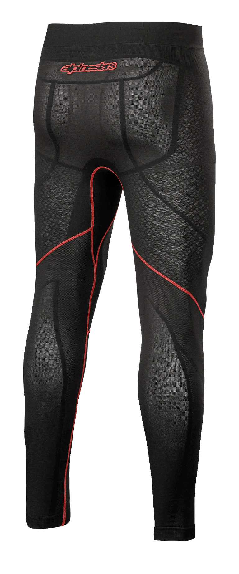 Alpinestars Ride Tech V2 Bottom Summer, Motorcycle Base Layer Pants, Black and Red, rear view showing red contrast stitching, red Alpinestars logo on the waistband, and breathable mesh-textured panels for warm weather riding.