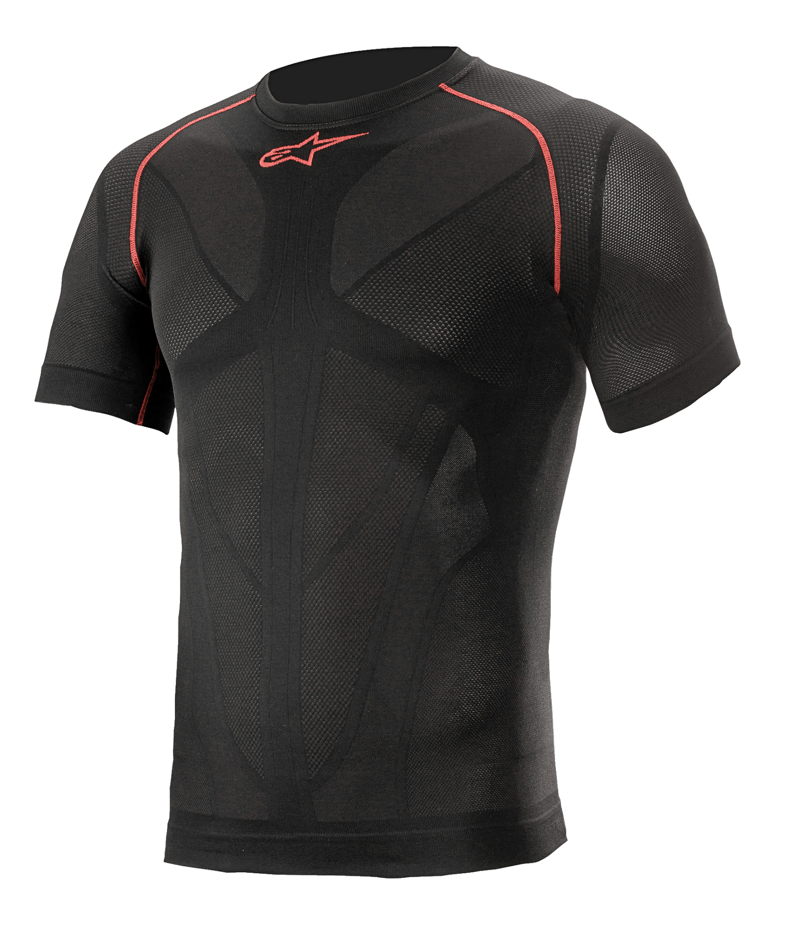 Alpinestars Ride Tech V2 Top Short Sleeve Summer, Black with Red accents, short sleeve motorcycle base layer, compression fit with body-mapped mesh ventilation panels, technical performance wear for summer road and track riding