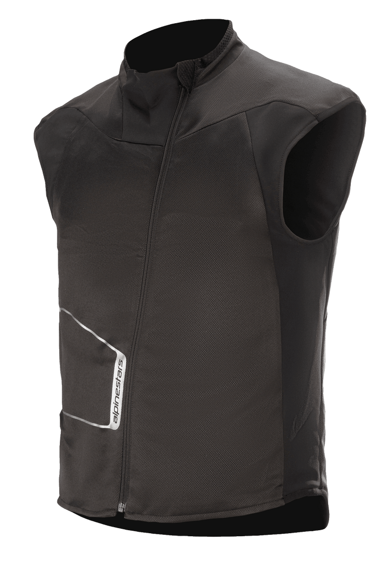 Alpinestars HT Heat Tech Vest, Black sleeveless heated motorcycle base layer, high collar with asymmetric angled front zipper, technical textile construction with white Alpinestars logo, thermal underlayer for winter adventure and road touring