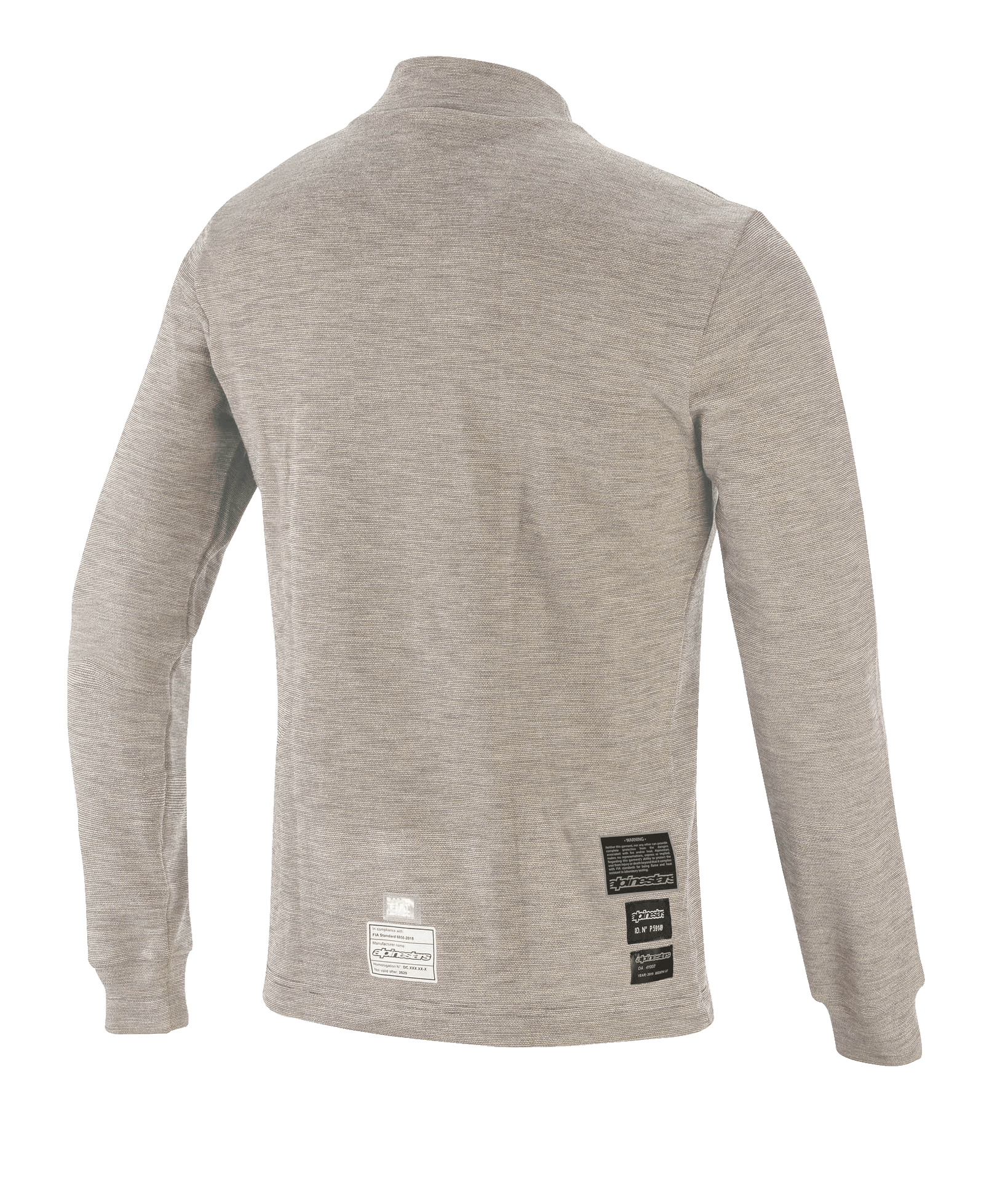 Alpinestars Race V3 Long Sleeve Top, Auto Racing Base Layer, Gray Melange, back view featuring flame-resistant technical fabric and FIA certification patches near the hem