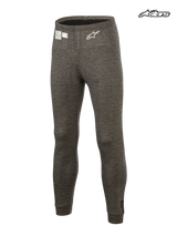 Alpinestars Race V3 Bottom, FIA certified auto racing tech base layer pants in anthracite melange gray, lightweight flame-resistant underlayer featuring an embroidered white Astar logo and homologation label