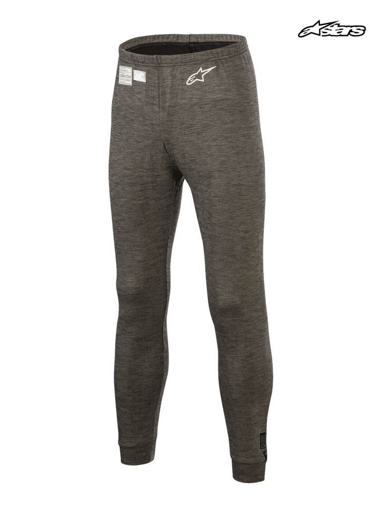 Alpinestars Race V3 Bottom, FIA certified auto racing tech base layer pants in anthracite melange gray, lightweight flame-resistant underlayer featuring an embroidered white Astar logo and homologation label