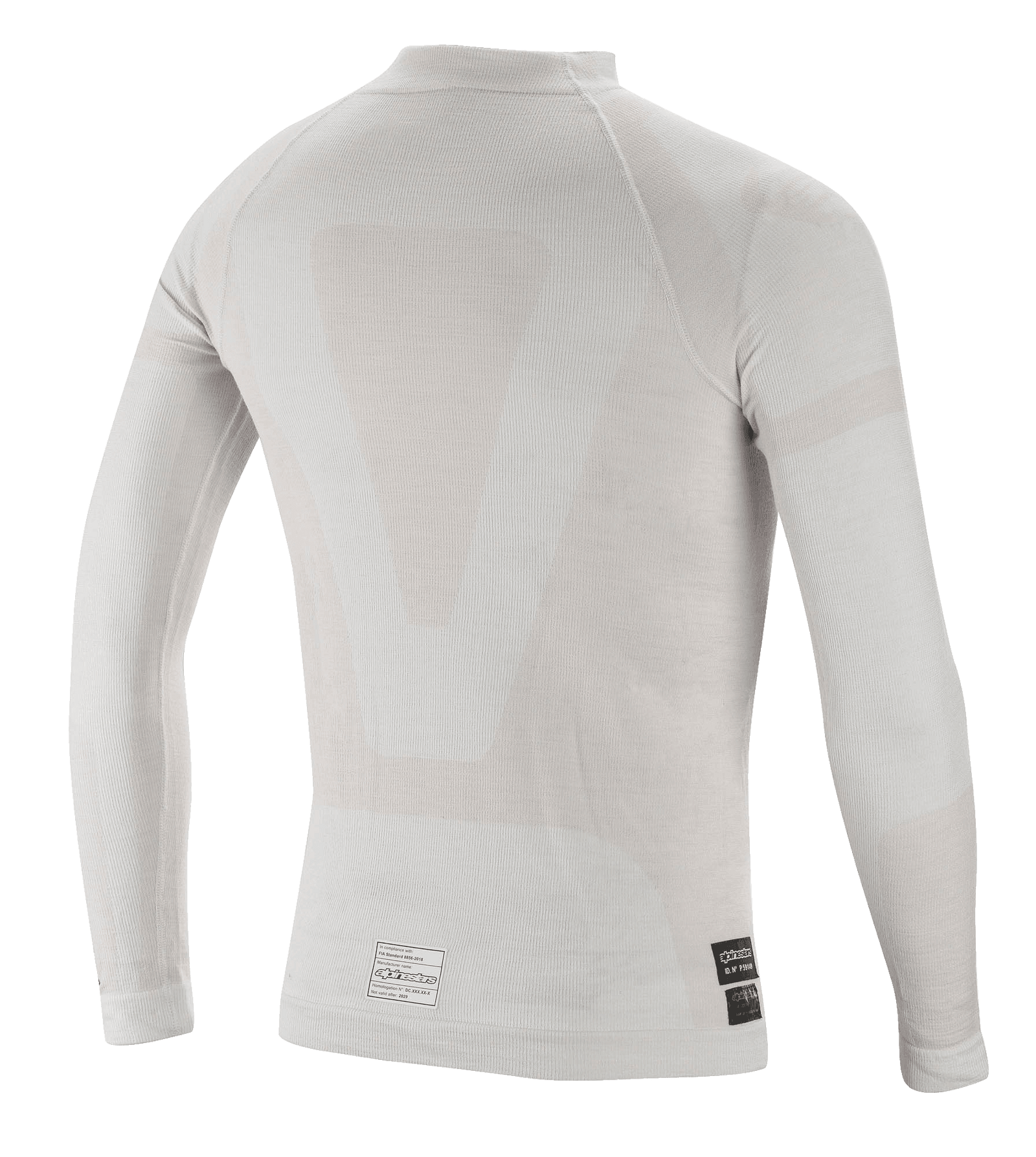 Alpinestars ZX Evo V2 Long Sleeve Top, Auto Racing Base Layer, White Gray, back view featuring lightweight seamless tubular construction and FIA certification labels at the bottom hem