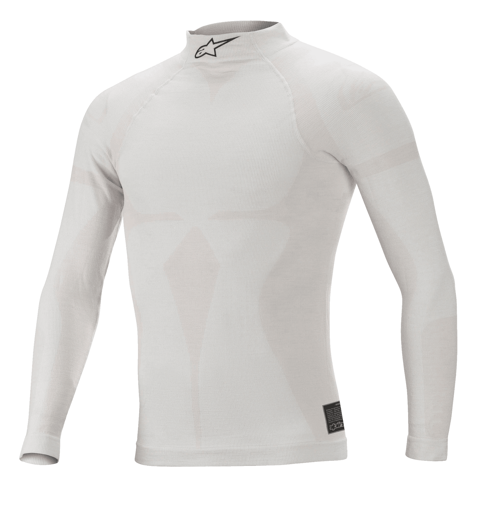 Alpinestars ZX Evo V2 Long Sleeve Top, White Gray, Flame-Resistant Auto Racing Base Layer, High Collar with Black Astars Logo, Seamless Construction with Jacquard Motif, Lightweight and Fitted Performance Underwear
